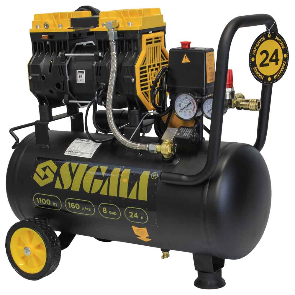 Компрессор Sigma двухцилиндровый безмасляный 1.1кВт 1400об/мин 160л/мин 8бар 58дБ 24л