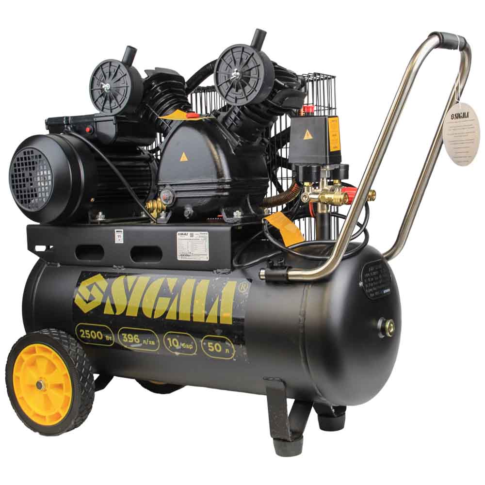 Компрессор Sigma двухцилиндровый ременный (V) 2.5кВт 396л/мин 10 бар 50л (2 крана)