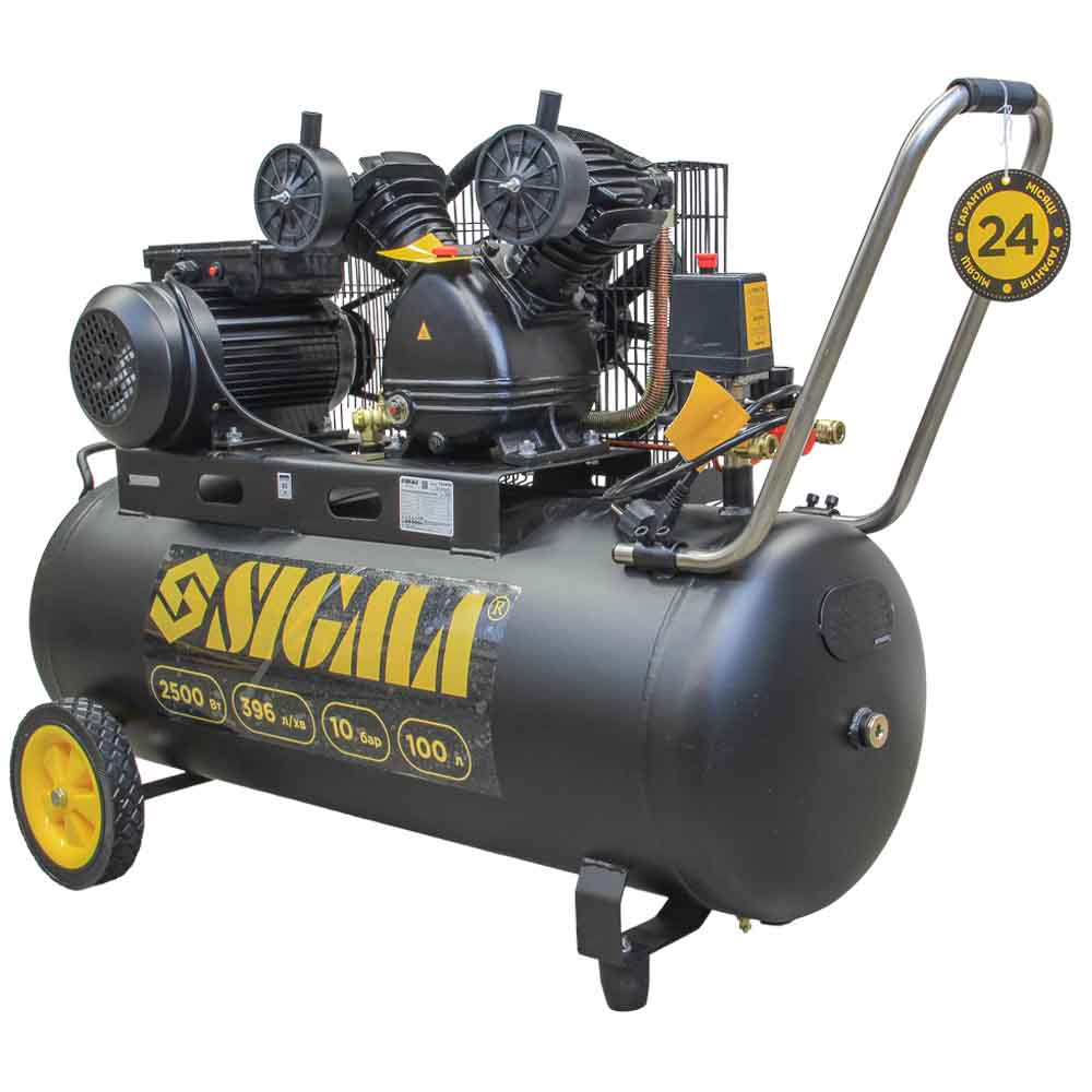 Компрессор Sigma двухцилиндровый ременный (V) 2.5кВт 396л/мин 10бар 100л (2 крана)