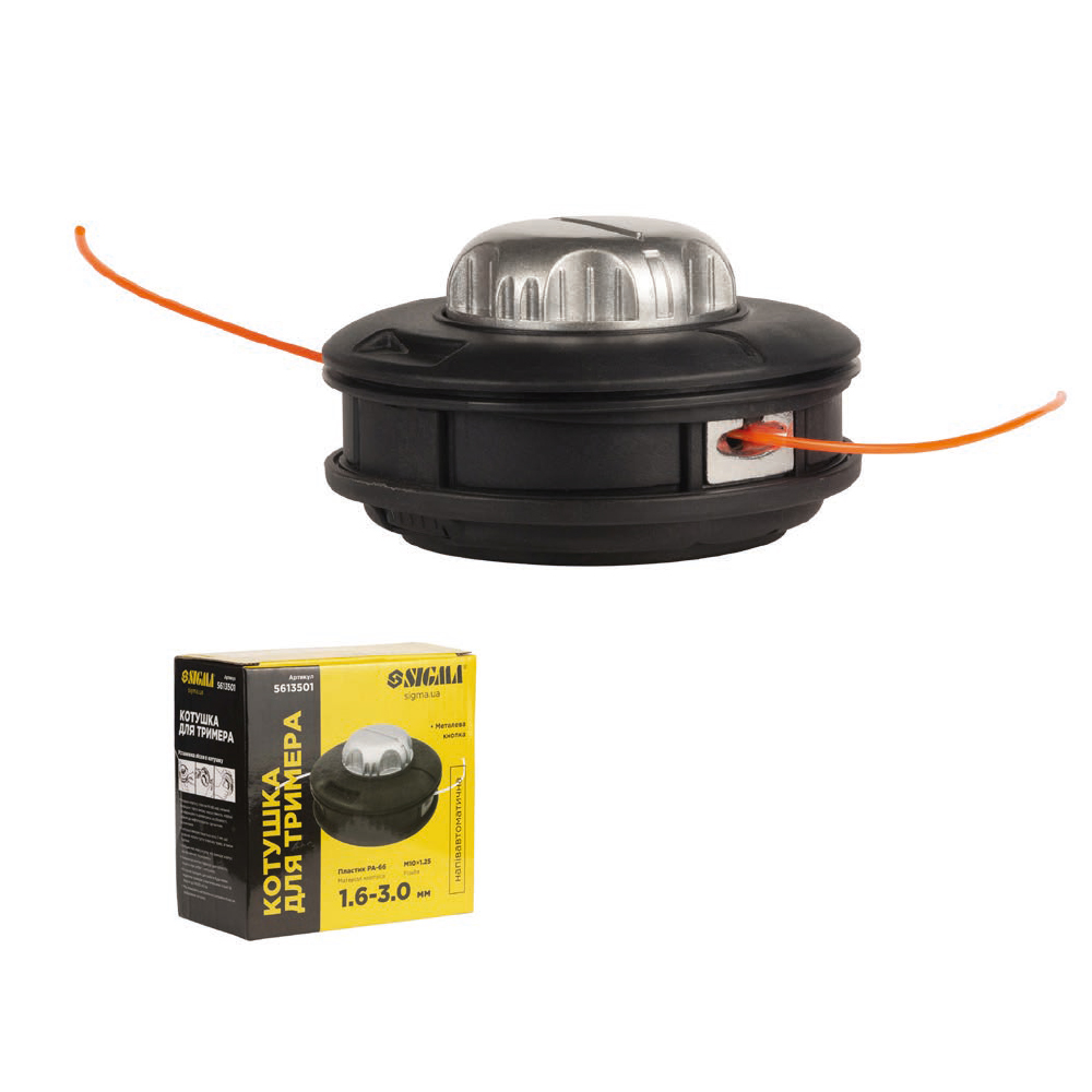 Котушка Sigma для тримера напівавтоматична M10 x 1.25 Ø1.6-3.0 мм металева кнопка Котушка Sigma для тримера напівавтоматична M10 x 1.25 Ø1.6-3.0 мм металева кнопка