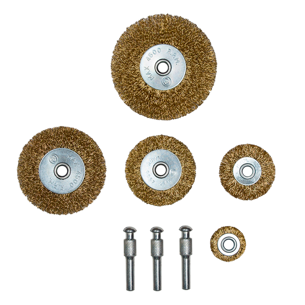 Набор проволочных щеток Sigma 5 шт Ø25; 38; 50; 65; 75 мм хвостовик Ø6 мм (латунированные)