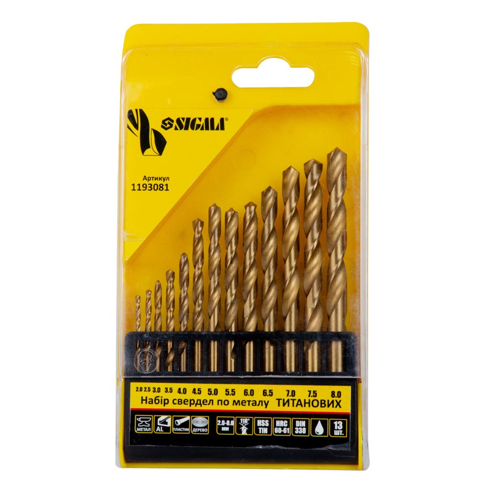 Набір свердел по металу Sigma HSS-TIN титанових 13 шт 2.0-8.0 мм (пластиковий кейс) Набір свердел по металу Sigma HSS-TIN титанових 13 шт 2.0-8.0 мм (пластиковий кейс)