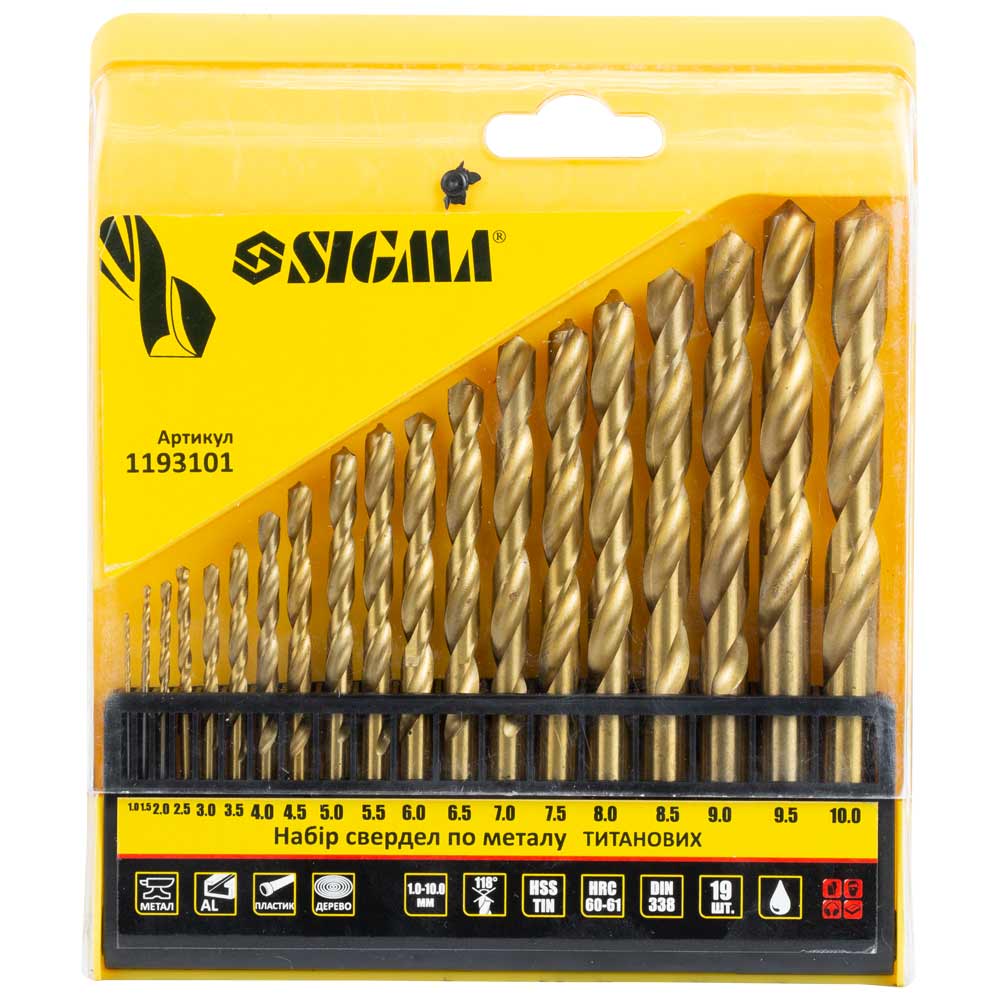 Набір свердел по металу Sigma HSS-TIN титанових 19шт 1.0-10.0 мм (пластиковий кейс) Набір свердел по металу Sigma HSS-TIN титанових 19шт 1.0-10.0 мм (пластиковий кейс)