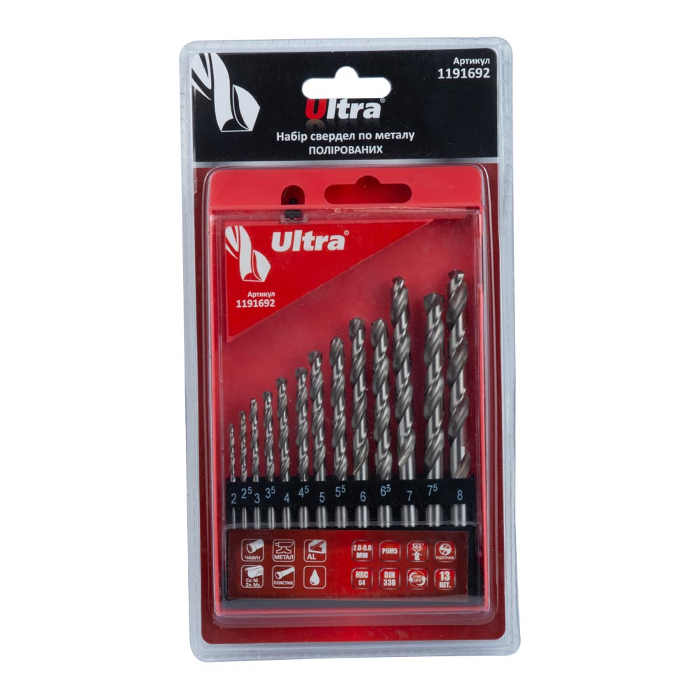 Набір свердел по металу Ultra Р6М5 полірованих 13 шт 2.0-8.0 мм (пластиковий кейс + блістер)