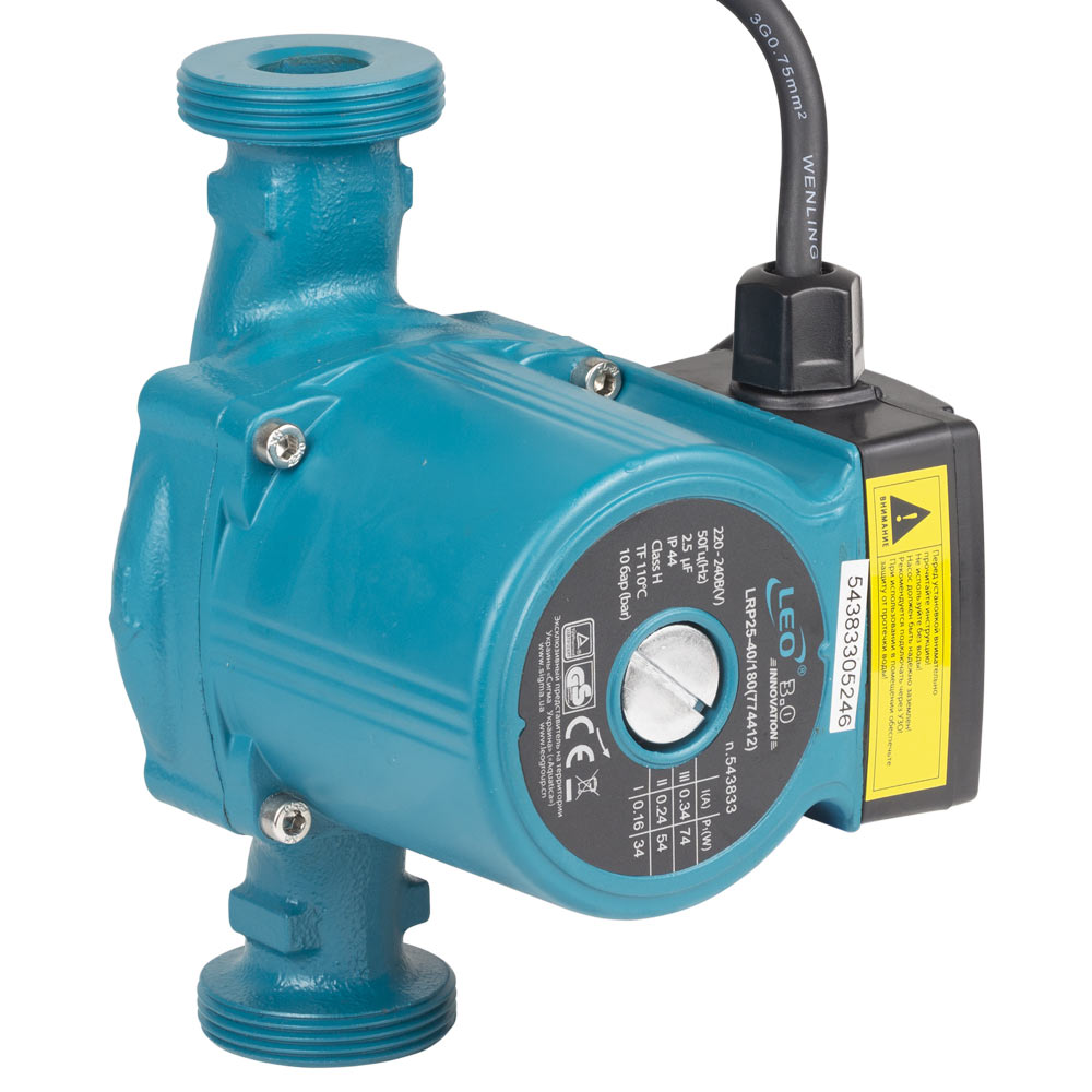 Насос циркуляционный Leo 74Вт Hmax 4м Qmax 55л/мин Ø1 1/2" 180 мм + гайки Ø1" 3.0 LRP25-40/180