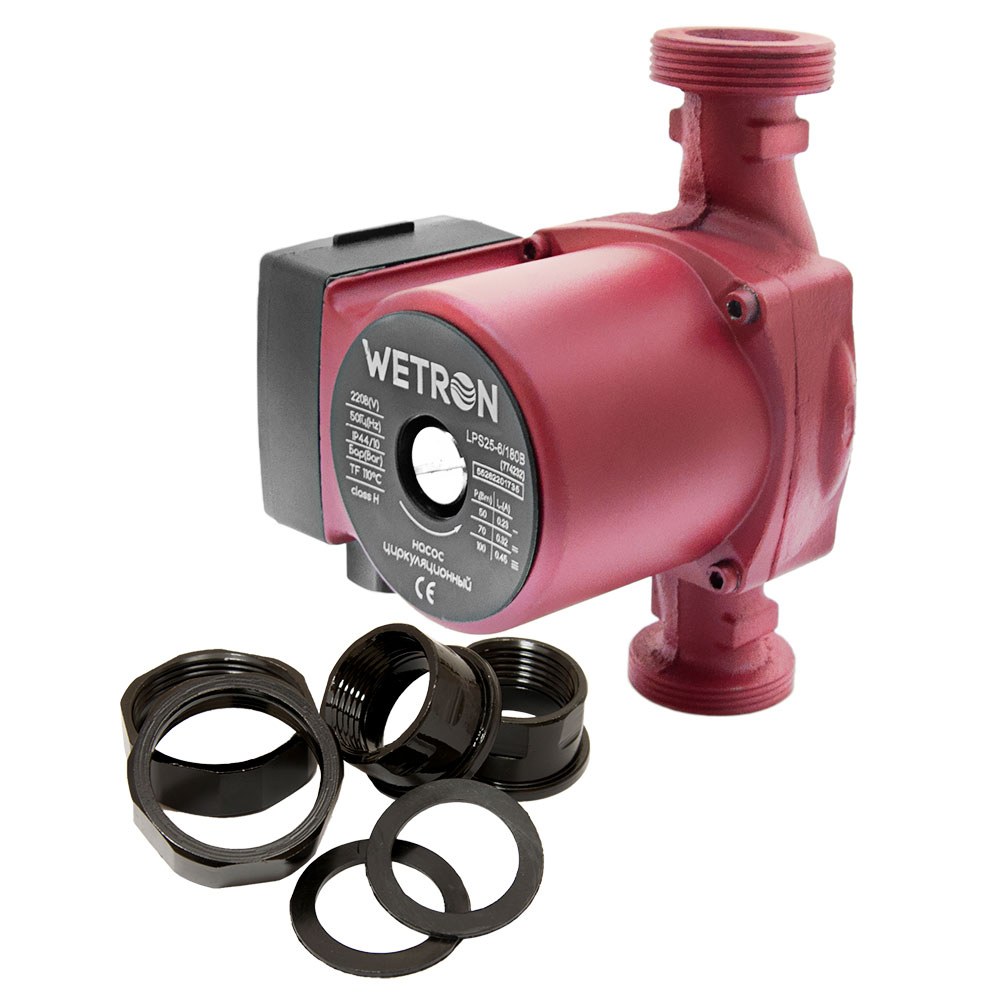 Насос циркуляційний Wetron 100Вт Hmax 6м Qmax 50л/хв Ø1 1/2" 180 мм бордо + гайки Ø1" LР525–6/180В