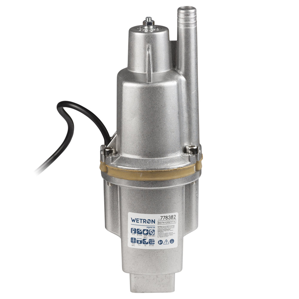 Насос Wetron вібраційний 0.25кВт H 75м Q 18л/хв Ø100мм 10м кабелю верхній вхід WVM60