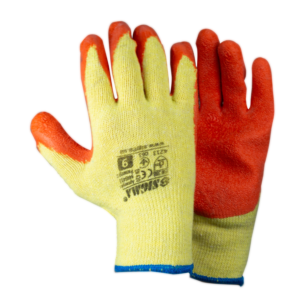 Рукавички Sigma трикотажні з частковим латексним покриттям кринкл р9 економ (помаранч, манжет)