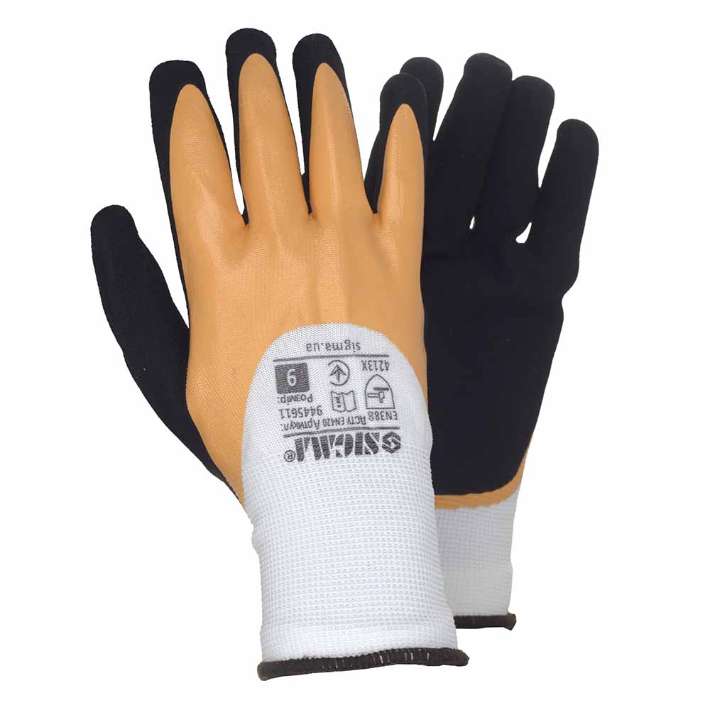 Рукавички Sigma трикотажні з подвійним латексним покриттям р9 (жовто-чорні, манжет) Рукавички Sigma трикотажні з подвійним латексним покриттям р9 (жовто-чорні, манжет)