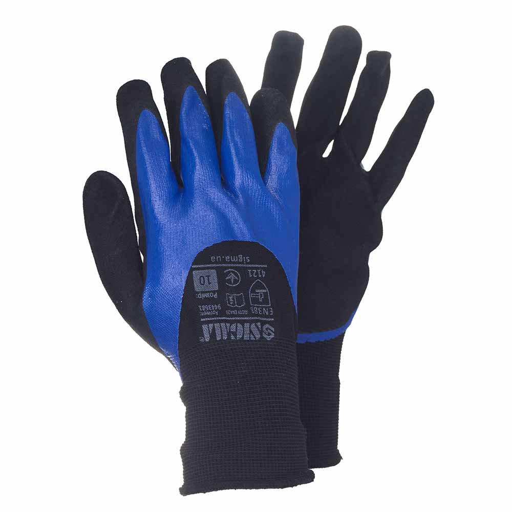 Рукавички Sigma трикотажні з подвійним нітриловим покриттям р10 (синьо-чорні, манжет)
