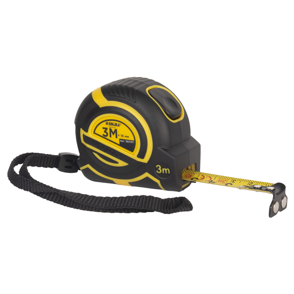 Рулетка Sigma ClickLock магнітна обгумована нейлонове покриття автостоп 3 м х 16 мм