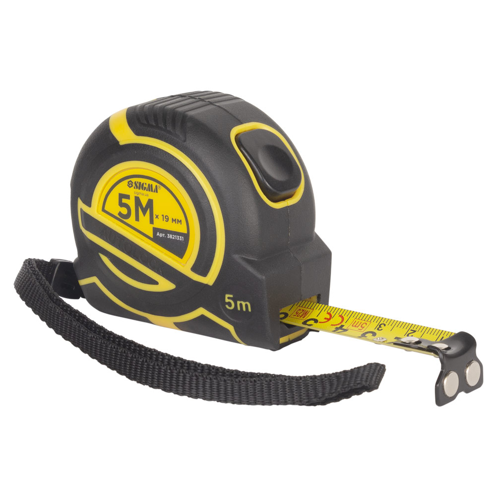 Рулетка Sigma ClickLock магнітна обгумована нейлонове покриття автостоп 5 м х 19 мм