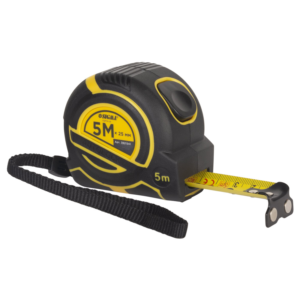 Рулетка Sigma ClickLock магнітна обгумована нейлонове покриття автостоп 5 м х 25 мм