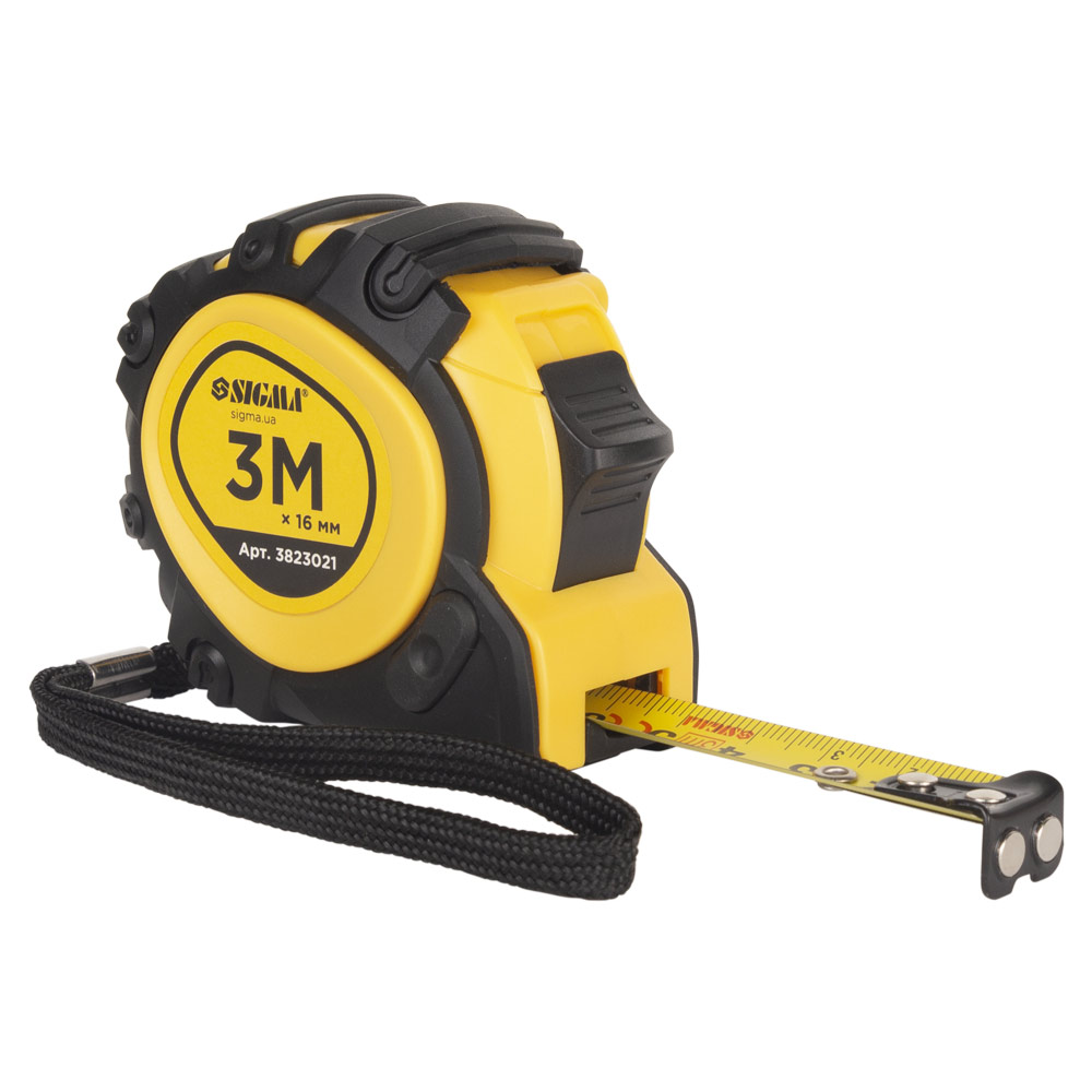 Рулетка Sigma магнітна обгумована JT фіксатор + гальмо 3 м х 16 мм