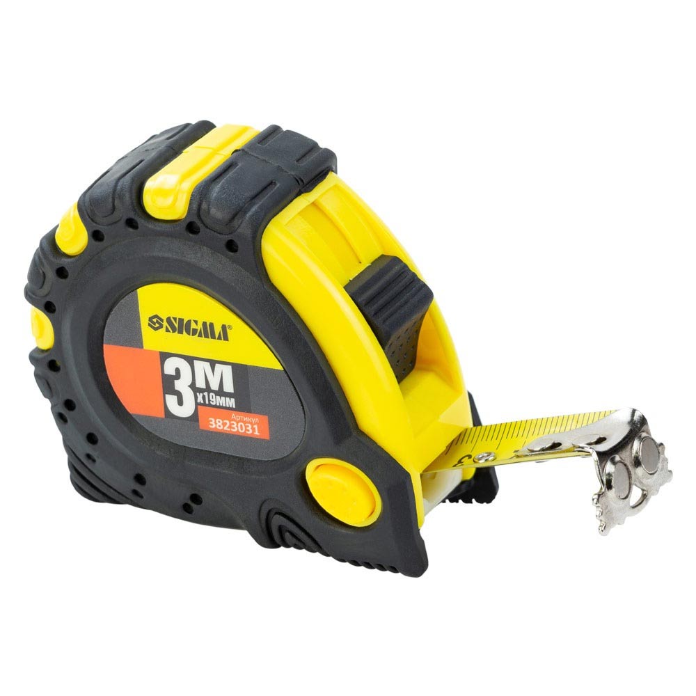 Рулетка Sigma магнітна обрезинена JT фіксатор + гальмо 3 м × 19 мм