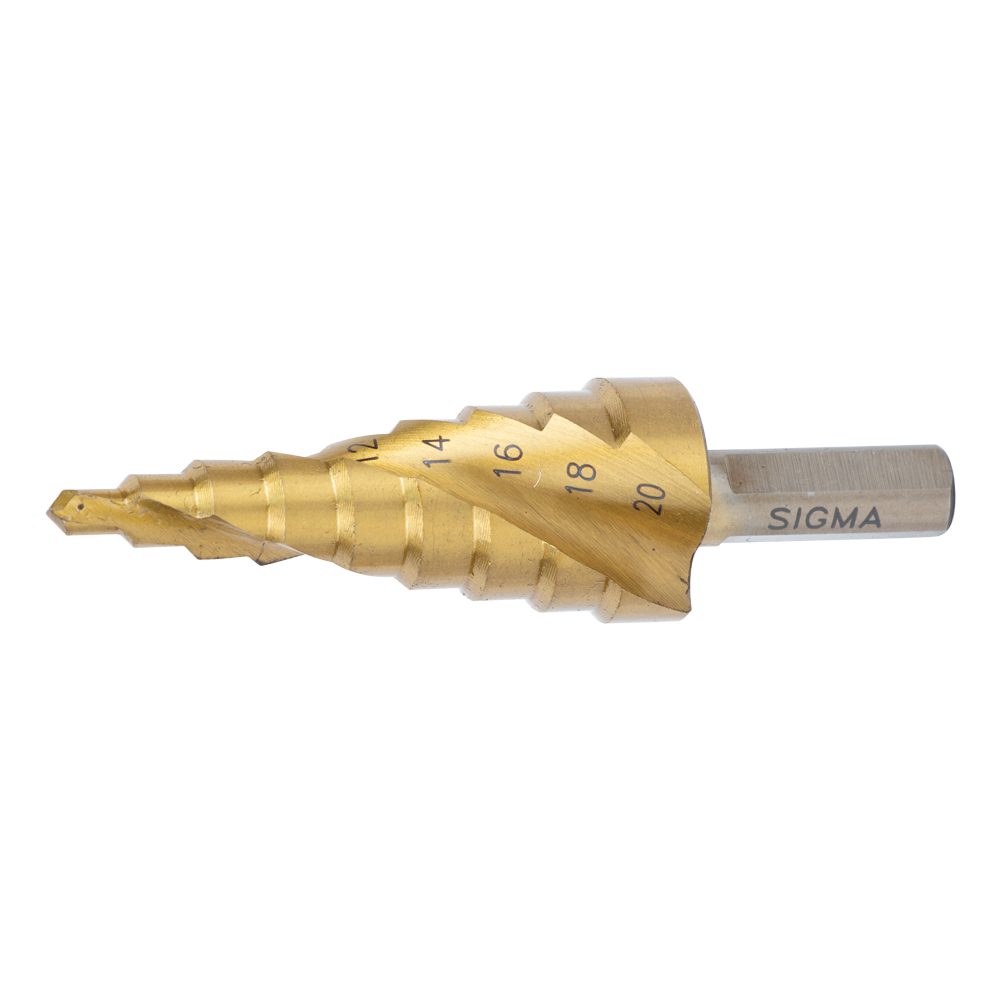 Свердло по металу Sigma східчасте HSS-TIN титанове зі спіральною канавкою Ø4-20 мм, крок 2 мм (блістер)