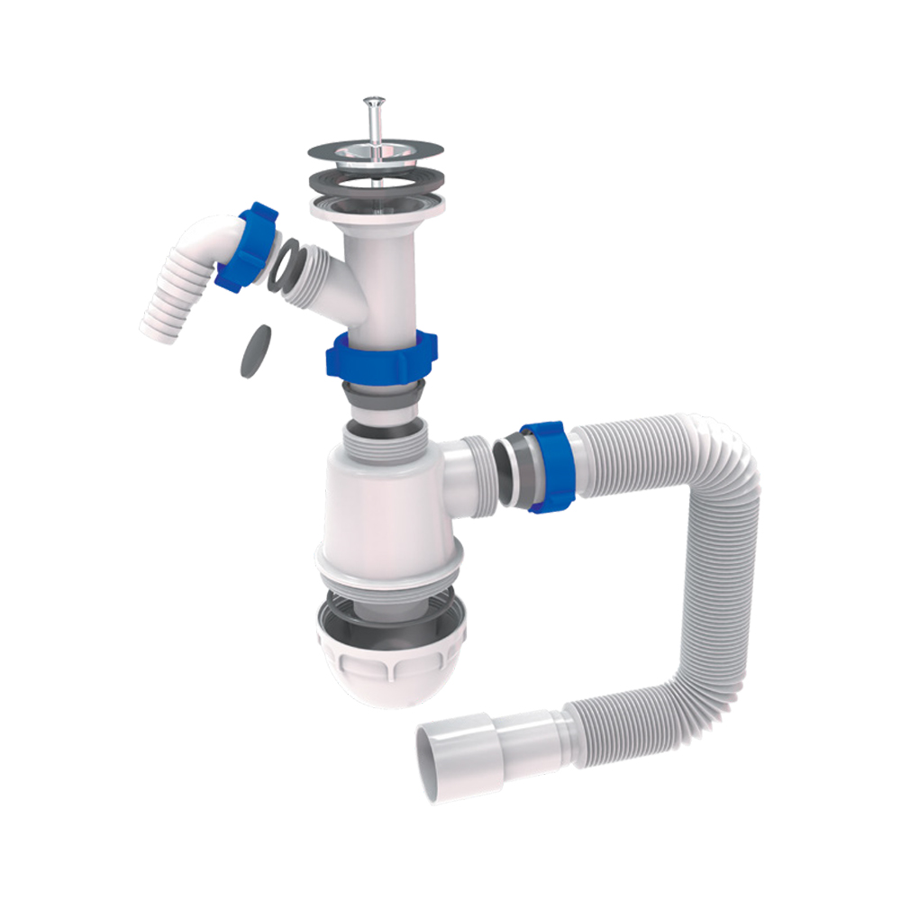 Сифон для кухонної мийки Tau з нержавіючим випуском 1½" виведенням під пральну машину та гнучким відведенням Ø40/50 мм