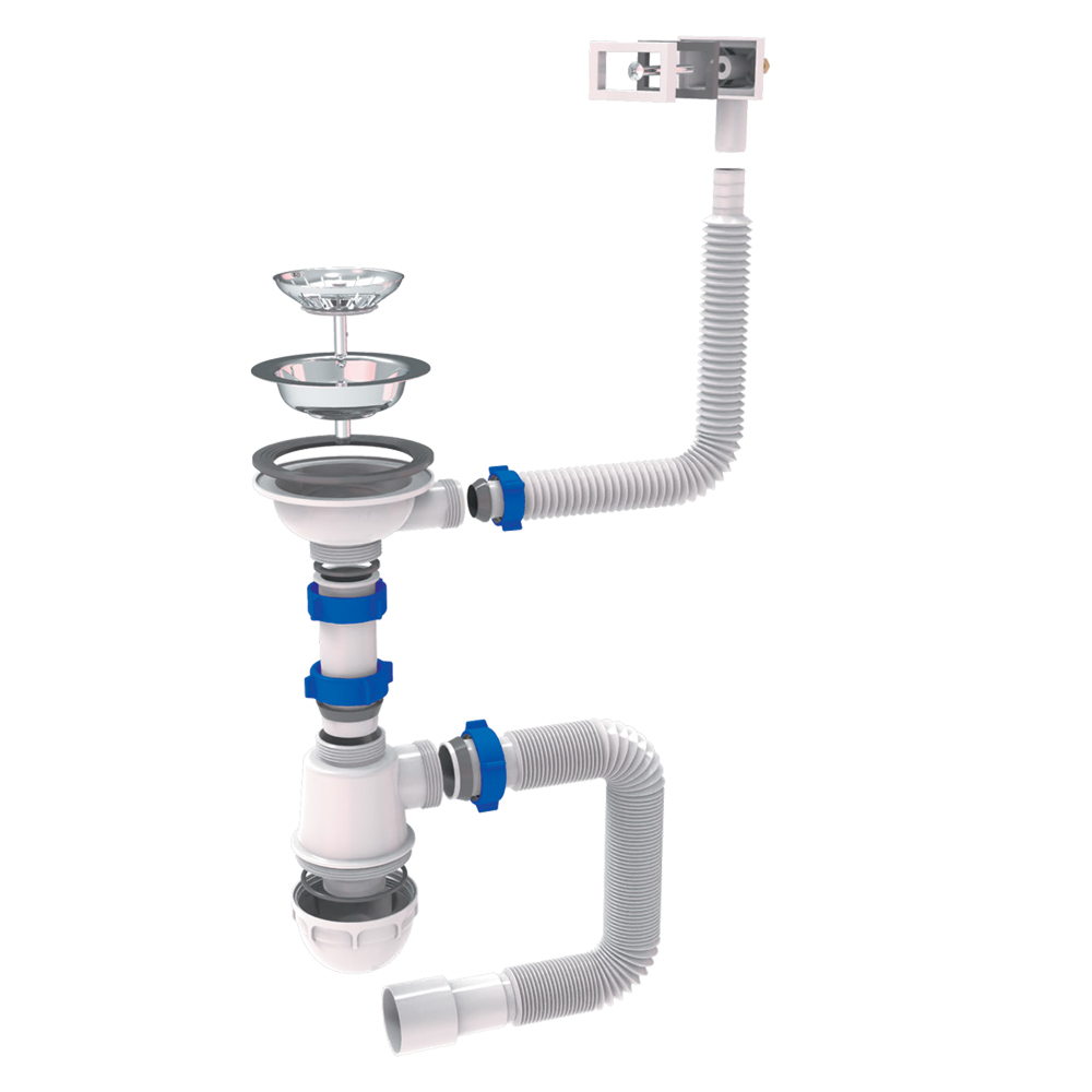 Сифон для кухонної мийки Tau з нержавіючим випуском 3½" квадратним переливом і гнучким відведенням Ø40/50 мм Сифон для кухонної мийки Tau з нержавіючим випуском 3½" квадратним переливом і гнучким відведенням Ø40/50 мм