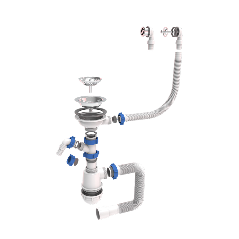 Сифон для кухонної мийки Tau з нержавіючим випуском 3½" виведенням під пральну машину круглим переливом і гнучким відведенням Ø40/50 мм Сифон для кухонної мийки Tau з нержавіючим випуском 3½" виведенням під пральну машину круглим переливом і гнучким відведенням Ø40/50 мм