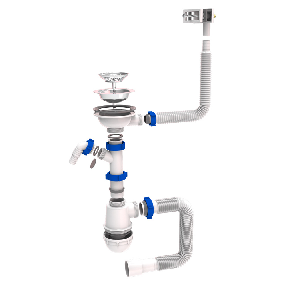 Сифон для кухонної мийки Tau з нержавіючим випуском 3½" виведенням під пральну машину квадратним переливом і гнучким відведенням Ø40/50 мм Сифон для кухонної мийки Tau з нержавіючим випуском 3½" виведенням під пральну машину квадратним переливом і гнучким відведенням Ø40/50 мм