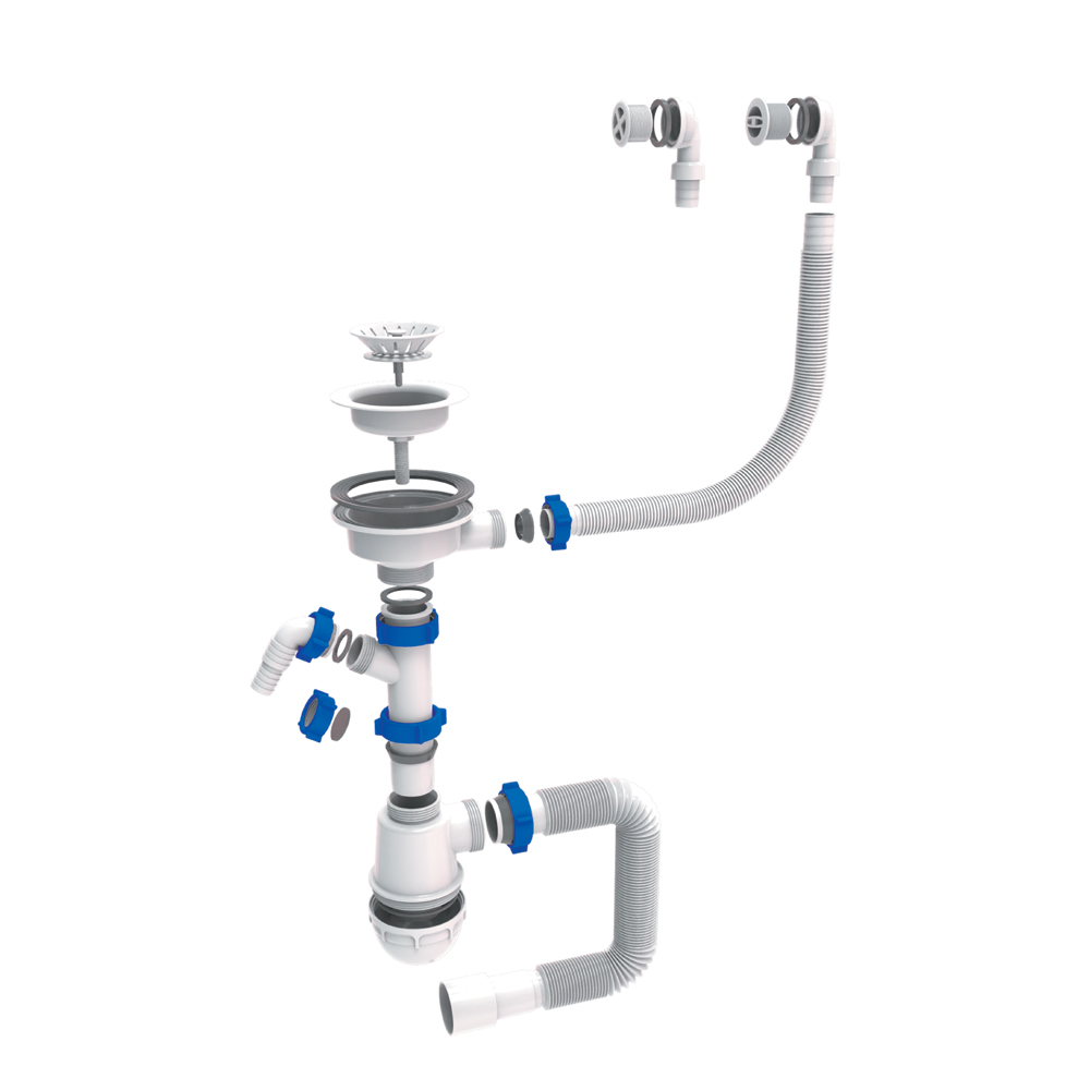 Сифон для кухонної мийки Tau з пластиковим випуском 3½" виведенням під пральну машину круглим переливом і гнучким відведенням Ø40/50 мм (Білий)