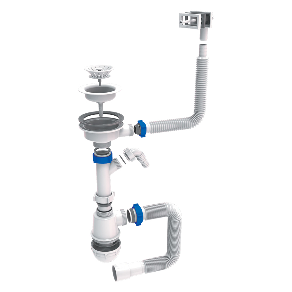 Сифон для кухонної мийки Tau з пластиковим випуском 3½" виведенням під пральну машину квадратним переливом і гнучким відведенням Ø40/50 мм (Білий)