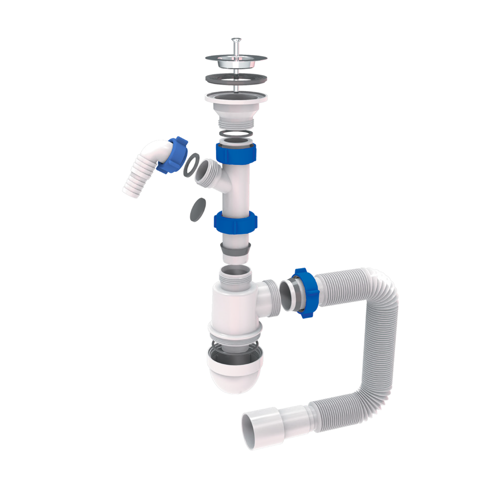 Сифон для раковини Tau з випуском з нержавіючої сталі з виведенням під пральну машину і гнучким відведенням 1½"×Ø40/50 мм