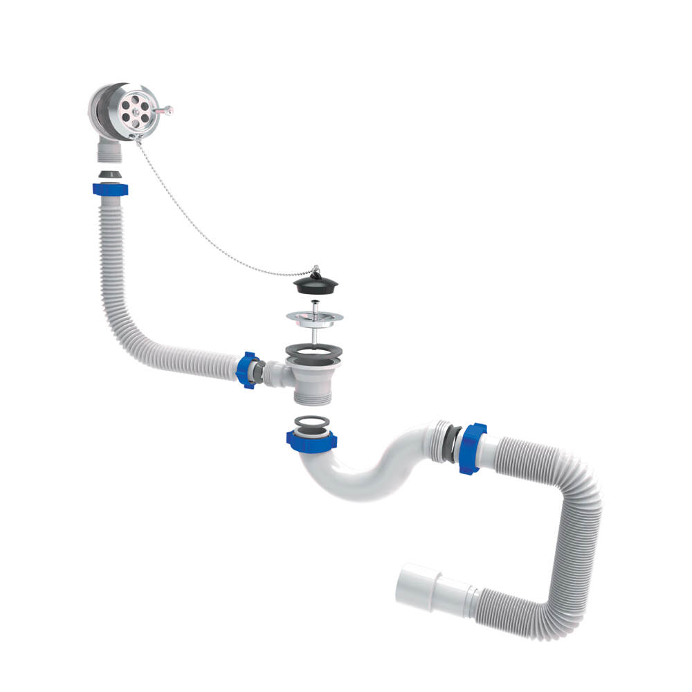 Сифон для ванни TAU прямоточний з пробкою на ланцюжку і гнучким відведенням Ø40/50 мм Сифон для ванни TAU прямоточний з пробкою на ланцюжку і гнучким відведенням Ø40/50 мм