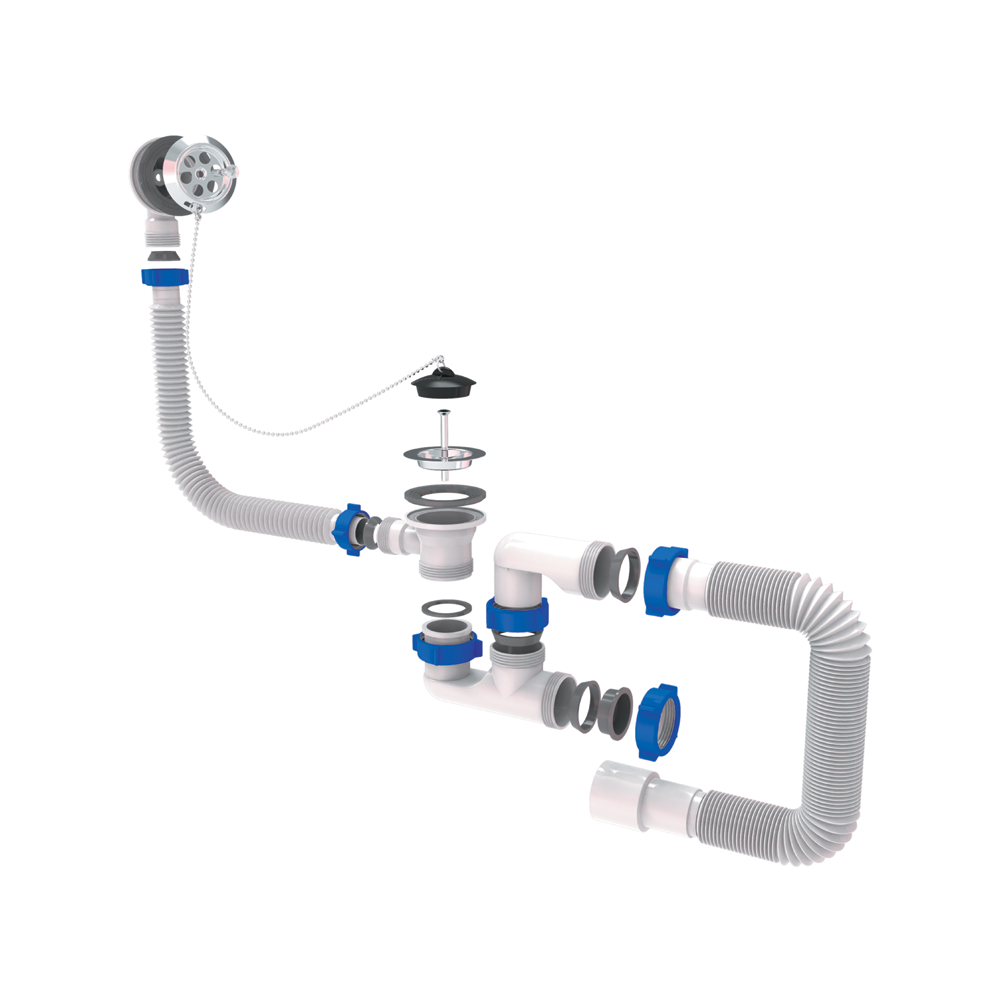 Сифон для ванни TAU з пробкою на ланцюжку і гнучким відведенням Ø40/50 мм Сифон для ванни TAU з пробкою на ланцюжку і гнучким відведенням Ø40/50 мм
