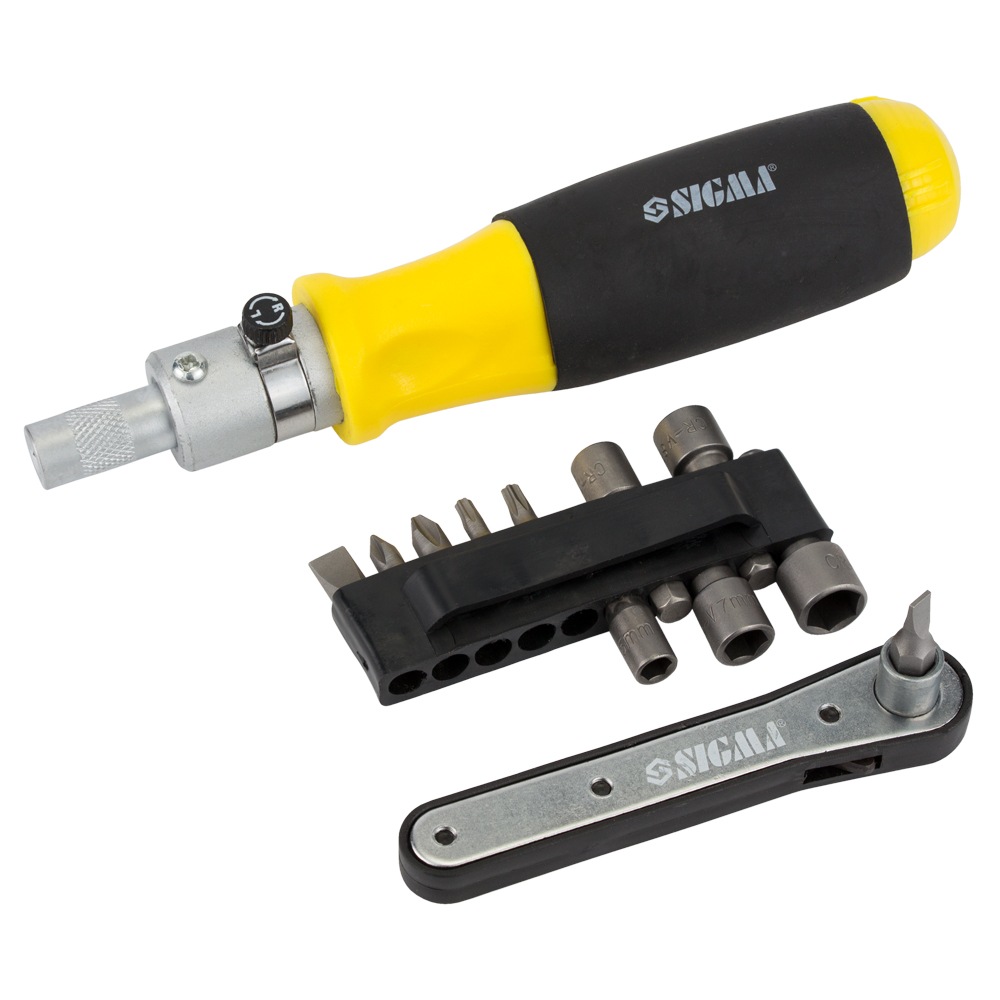 Отвертка с реверсом Sigma CrV + трещотка + биты 11 шт