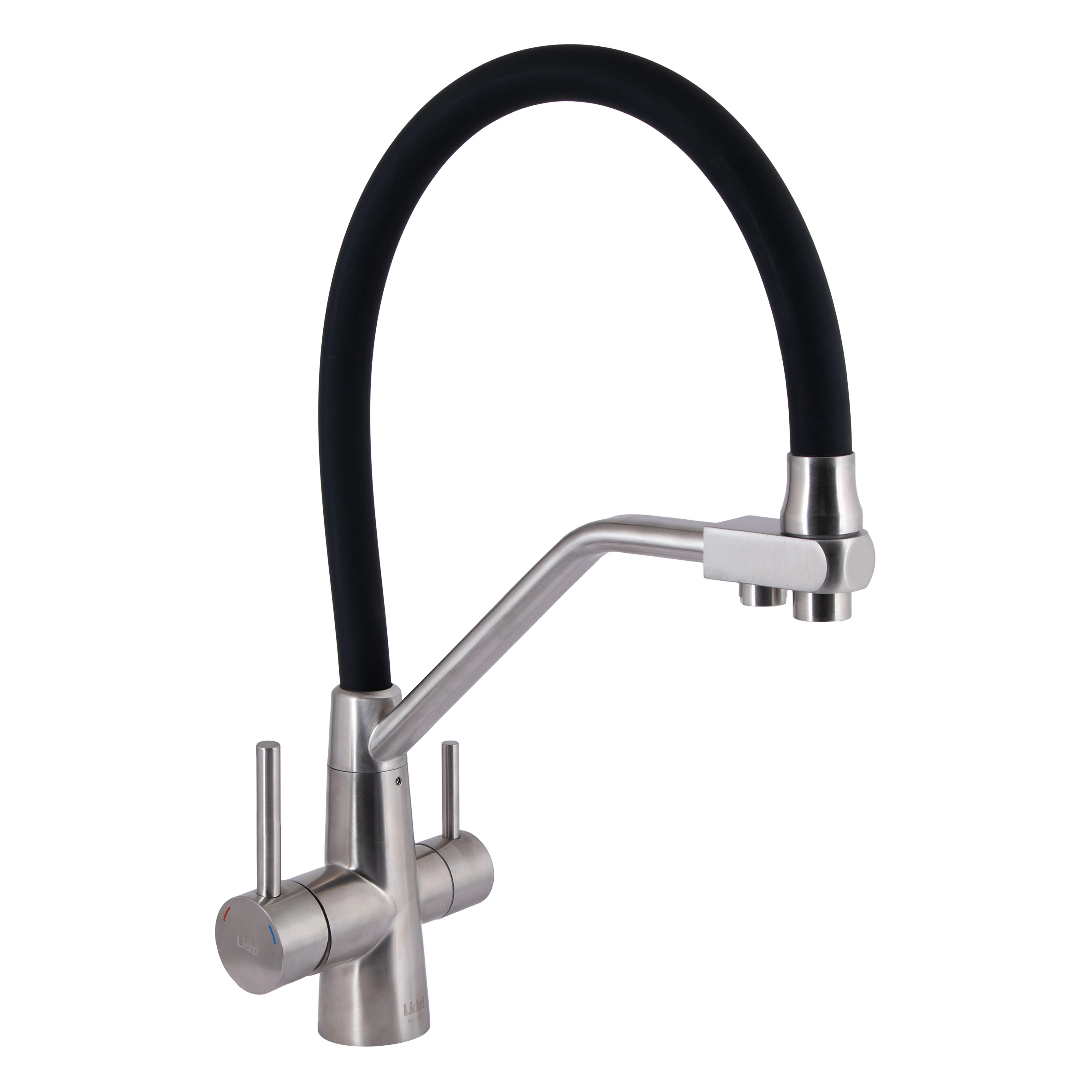 Змішувач для кухні Lidz Aria 020F3 з гнучким виливом з підключенням для питної води (k35) Black / Nickel (LDARI020F3BNK37647)